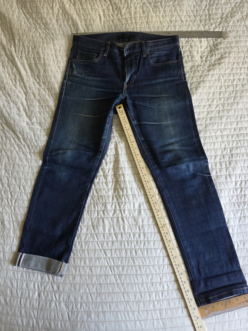 Uniqlo Kaihara Selvedge Slim Fit Jeans in Dark Indigo Beautiful Fades Distressed